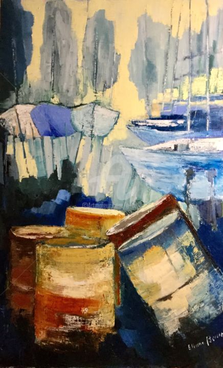 Painting titled "Les bidons du port…" by Eliane Boivin, Original Artwork, Oil