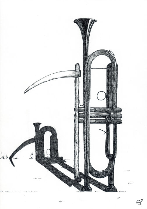 Zeichnungen mit dem Titel "Trompette de la mort" von Eloïse Pariot, Original-Kunstwerk, Tinte