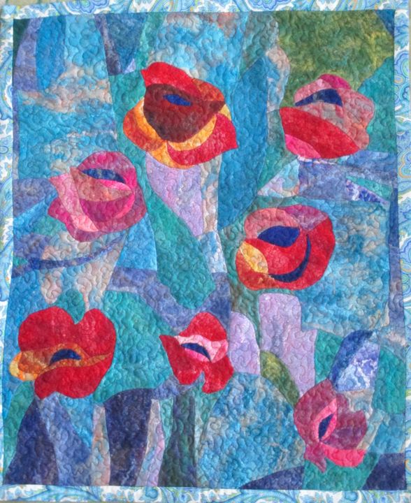 Art textile intitulée "Evening roses" par Elena Potapova, Œuvre d'art originale, Patchwork