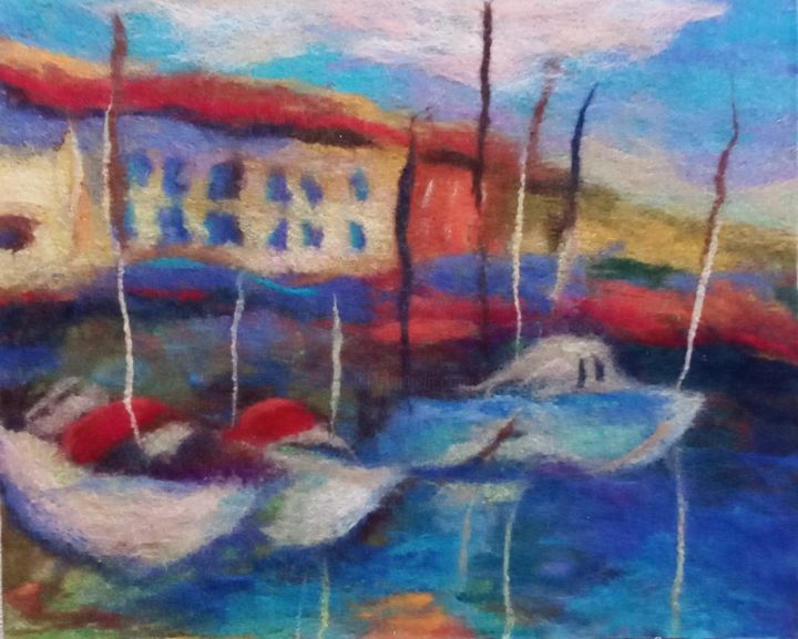 Textielkunst getiteld "Boats at the pier" door Elena Potapova, Origineel Kunstwerk, Stof