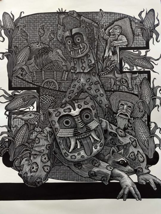 Printmaking titled "Mexican art. Jaguar…" by E. Robledo, Original Artwork, Embossing