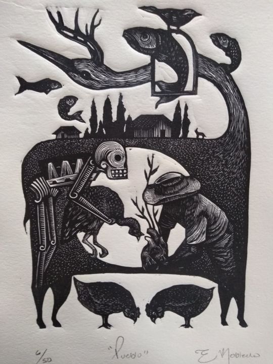 Druckgrafik mit dem Titel "Village" von E. Robledo, Original-Kunstwerk, Linoldrucke