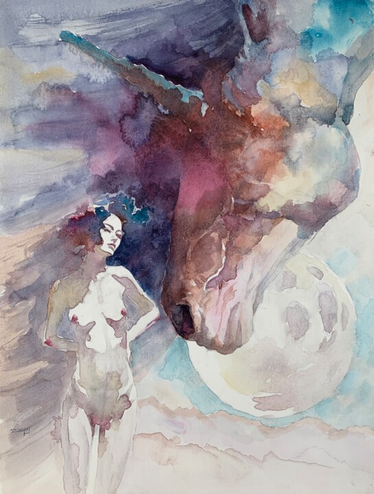 Painting titled "FULL MOON #2-1 OIL" by Eagle Zac, Original Artwork, Watercolor