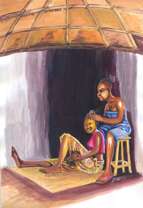 Painting titled "Coiffeur au Rwanda" by Emmanuel Baliyanga, Original Artwork, Oil