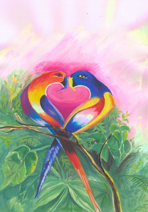 Painting titled "Birds in Love 02" by Emmanuel Baliyanga, Original Artwork, Oil