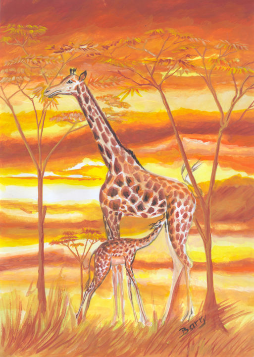 Malarstwo zatytułowany „Girafes du Cameroun” autorstwa Emmanuel Baliyanga, Oryginalna praca, Olej