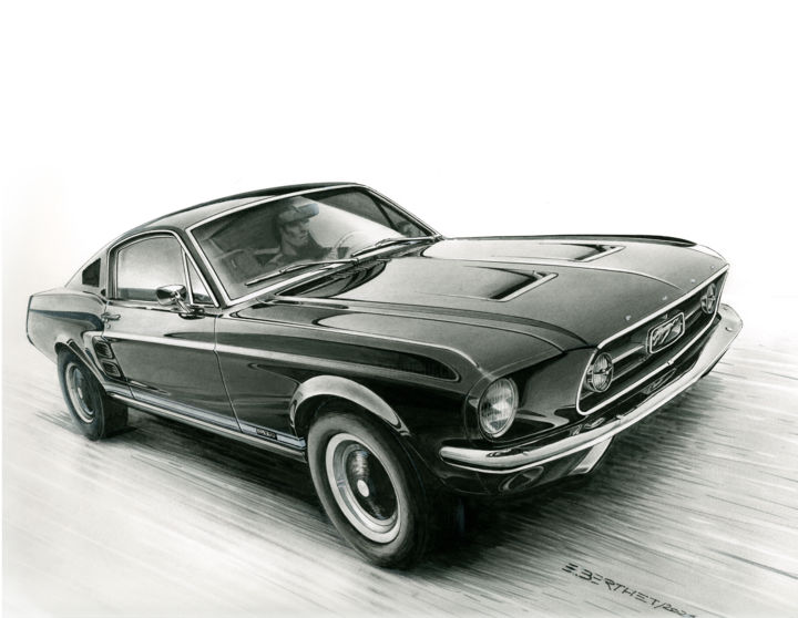 Dessin intitulée "La Ford Mustang" par Eric Berthet, Œuvre d'art originale, Encre