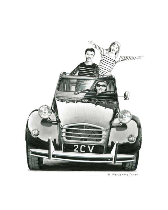 Drawing titled "une sortie en 2CV" by Eric Berthet, Original Artwork, Ink