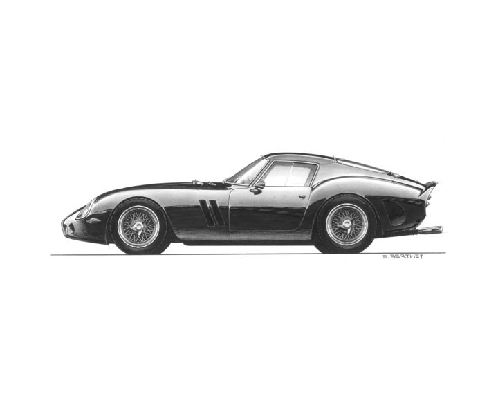 Disegno intitolato "Ferrari 250 GTO" da Eric Berthet, Opera d'arte originale, Inchiostro