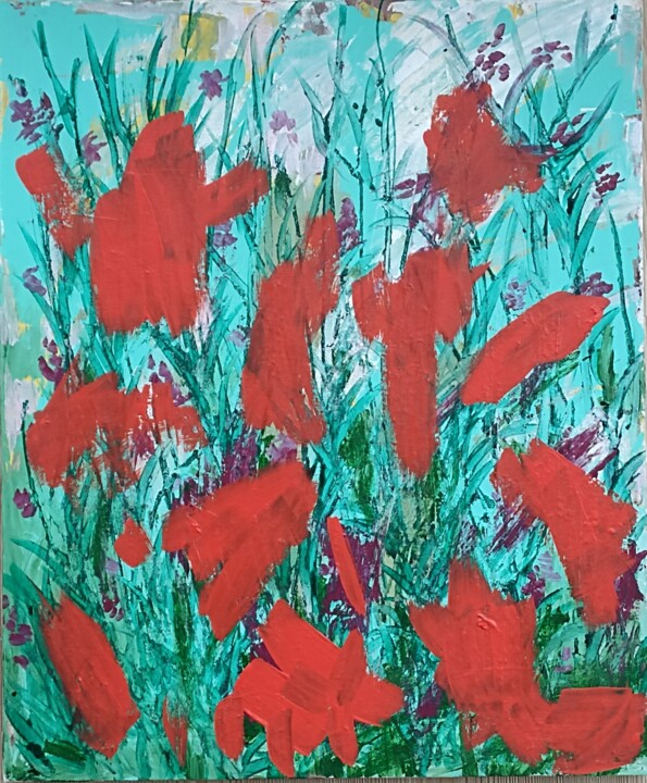 Painting titled "Red flowers" by Ebru Süsoy Şimşek, Original Artwork, Acrylic