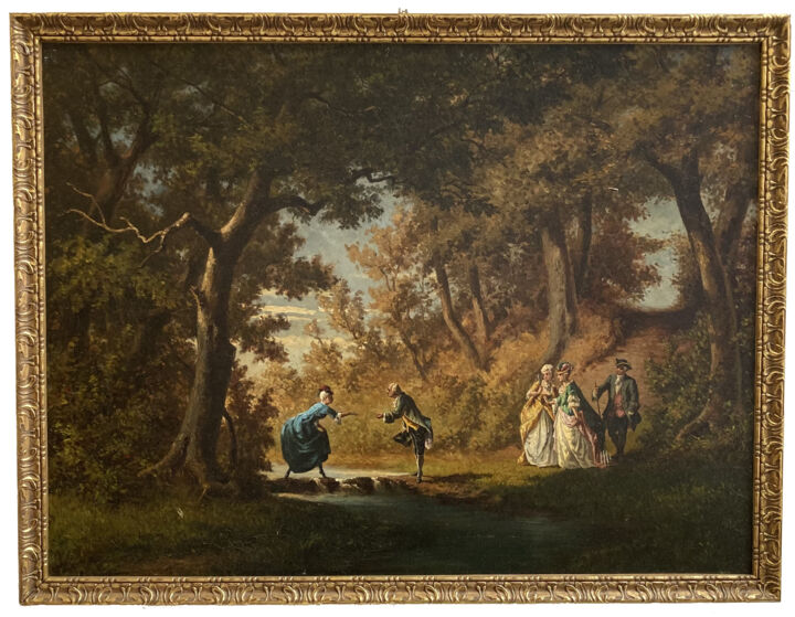 Painting titled "Scène Galante au bo…" by Ecole Allemande, Original Artwork, Oil