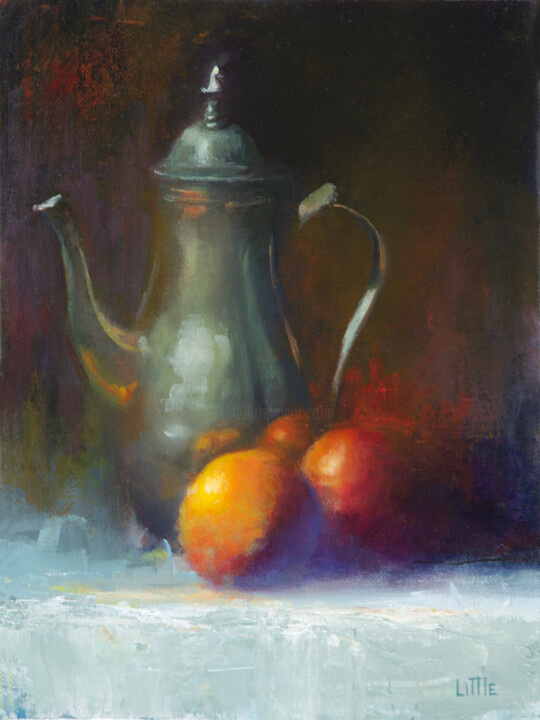 Painting titled "Pewter and Fruit" by Ed Little, Original Artwork, Oil
