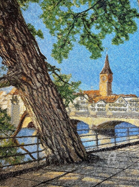 Текстильное искусство под названием "Abendlicher Zürich" - Eddi Vandam, Подлинное произведение искусства, вышивка