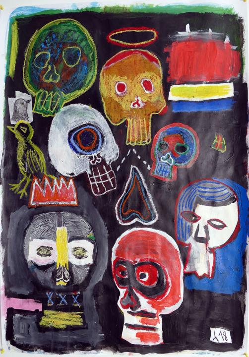 Rysunek zatytułowany „Têtes de mort” autorstwa Eddy Legrand, Oryginalna praca, Akryl