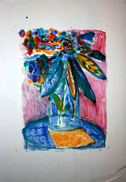 Gravures & estampes intitulée "Vase bleu" par Eddy Legrand, Œuvre d'art originale, Monotype