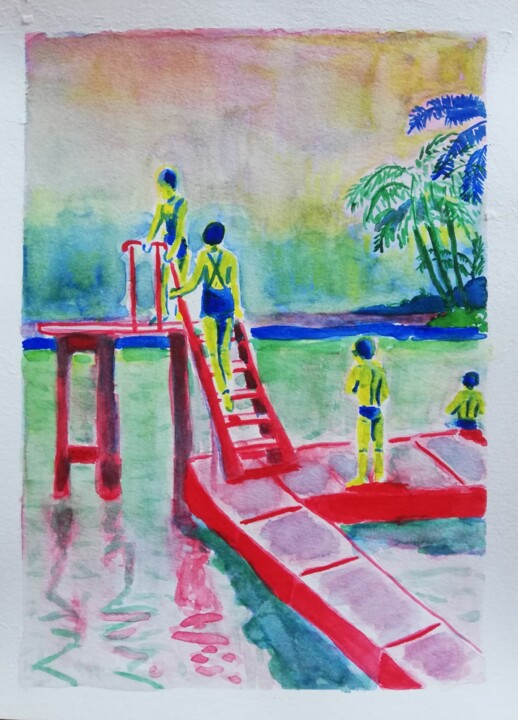Painting titled "Les nageurs 2023" by Eddy Legrand, Original Artwork, Watercolor