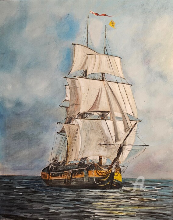 Painting titled "Frigate" by Edeleweiss Cobblestone, Original Artwork, Oil