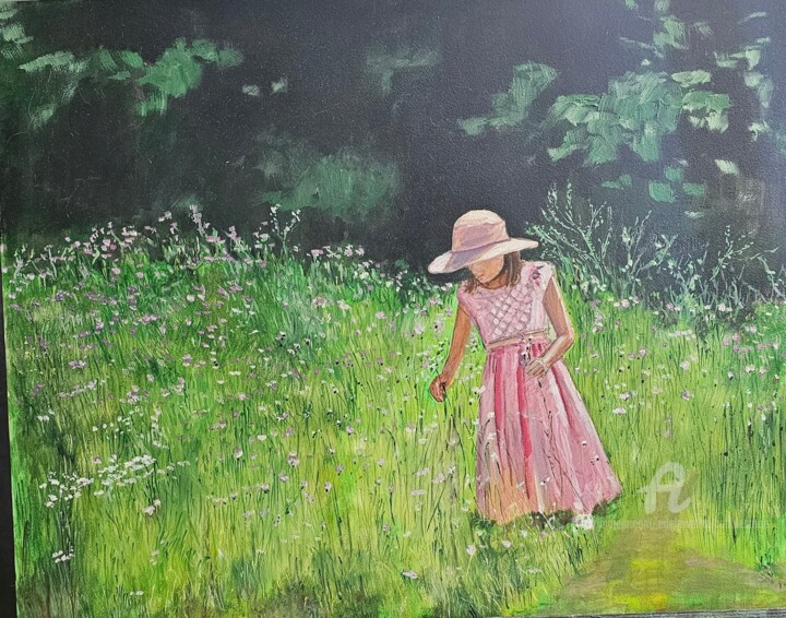 Peinture intitulée "Girl Picking Wildfl…" par Edeleweiss Cobblestone, Œuvre d'art originale, Huile