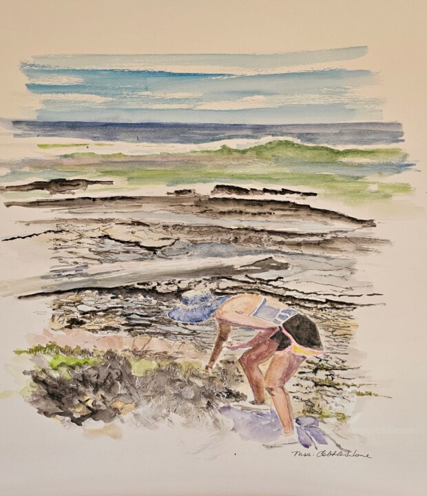 Peinture intitulée "Girl Picking Seashe…" par Edeleweiss Cobblestone, Œuvre d'art originale, Aquarelle