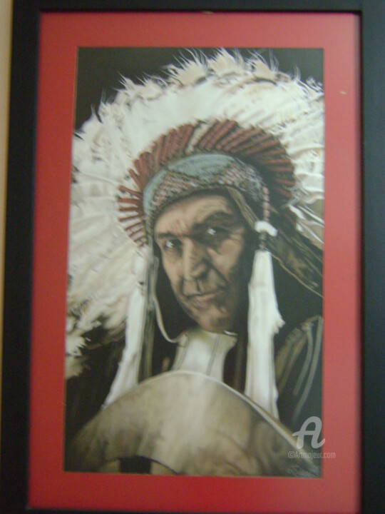 Dibujo titulada "Guerrero apache" por Edgar Pacheco, Obra de arte original, Pastel