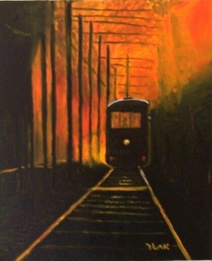 Painting titled "The train" by Edgard Loepert, Original Artwork, Oil