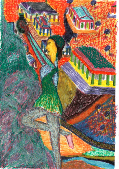 Картина под названием "athenian girl" - Edi Loshi, Подлинное произведение искусства, Акварель
