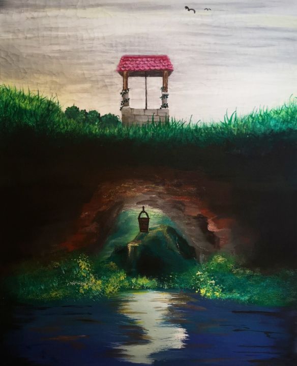 Painting titled "Cave beneath the su…" by Daina, Original Artwork, Tempera Mounted on Wood Stretcher frame