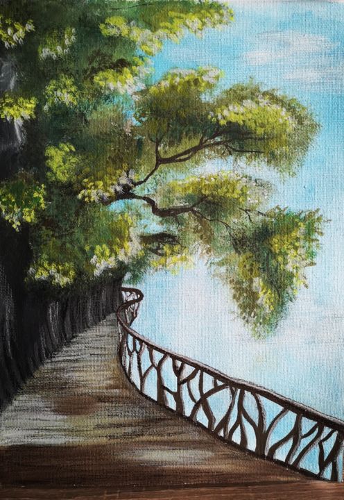 Painting titled "Bridge" by Daina, Original Artwork, Watercolor Mounted on Other rigid panel