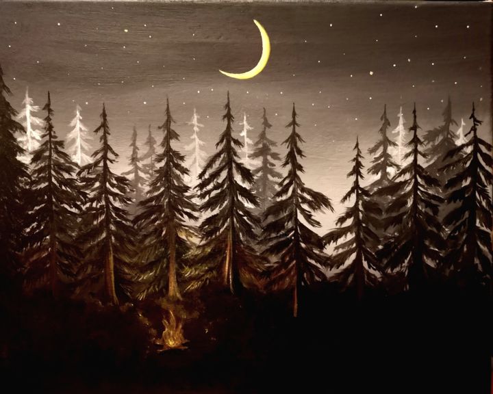 Painting titled "Night in the forest" by Daina, Original Artwork, Acrylic Mounted on Wood Stretcher frame