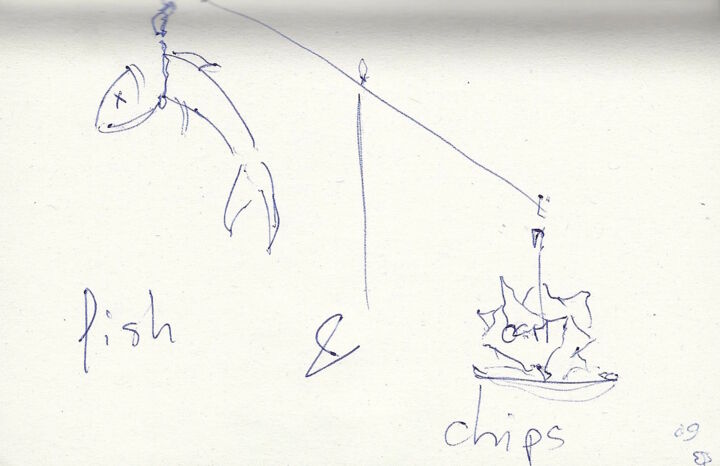 Dessin intitulée "Fish & chips" par Edith Donc, Œuvre d'art originale, Stylo à bille