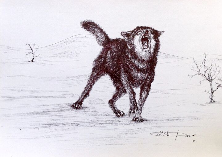 Σχέδιο με τίτλο "Un chien" από Edith Donc, Αυθεντικά έργα τέχνης, Στυλό