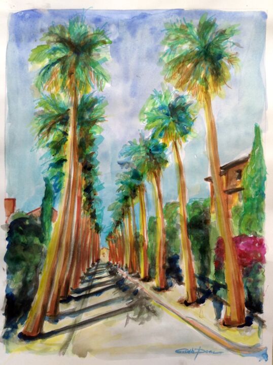 Pintura intitulada "Une rue à Hyères" por Edith Donc, Obras de arte originais, Guache