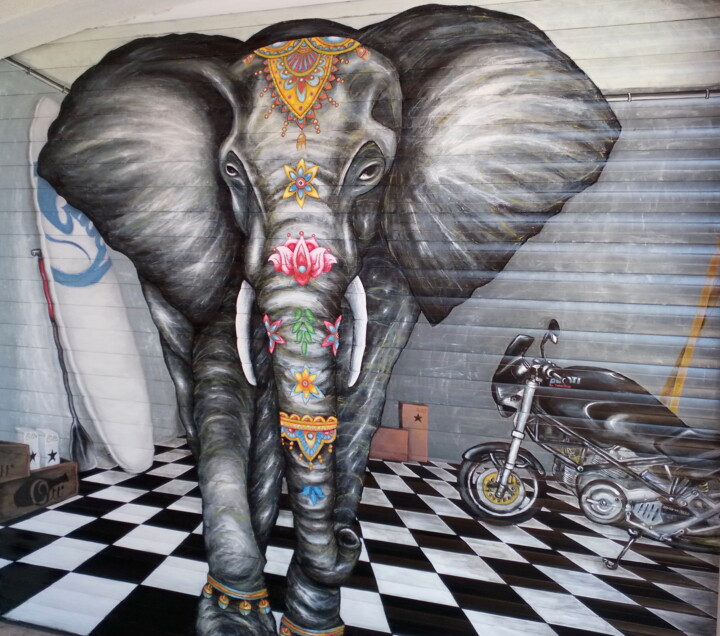 Painting titled "Elephant" by Edith Donc, Original Artwork, Lacquer