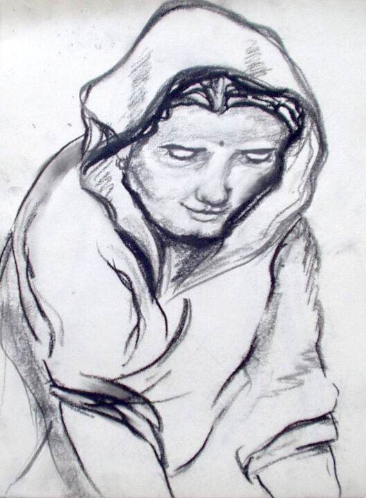 Рисунок под названием "La laveuse" - Edith Donc, Подлинное произведение искусства, Карандаш