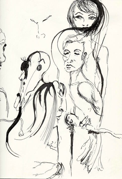 Dessin intitulée "Perchoir" par Edith Donc, Œuvre d'art originale, Encre