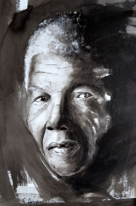 Peinture intitulée "Nelson MANDELA" par Edith Gardeur, Œuvre d'art originale, Encre