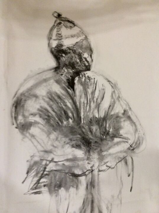 Drawing titled "Fischer am Abend" by Edith Touré, Original Artwork, Charcoal Mounted on Cardboard