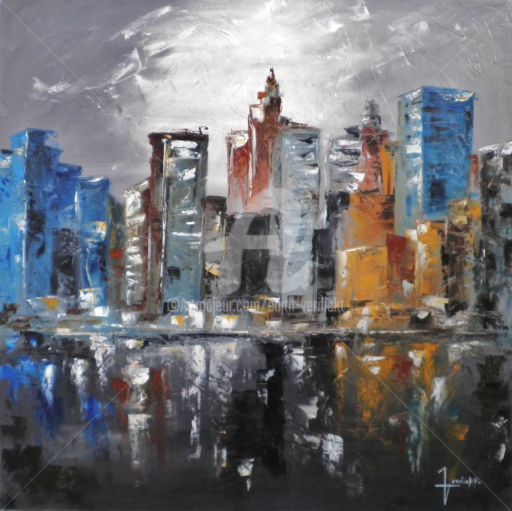 Painting titled "building-new-york" by Edith Verdickt, Original Artwork, Oil