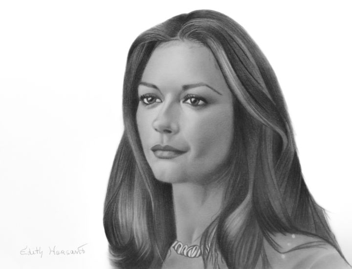 Drawing titled "Catherine Zeta-Jones" by Edith Hersant, Original Artwork, Graphite