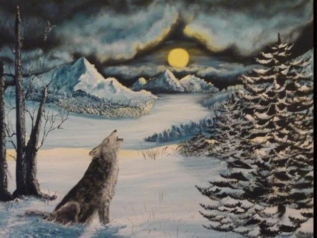 Malerei mit dem Titel "Einsamer Wolf" von Edith Schroll, Original-Kunstwerk, Öl