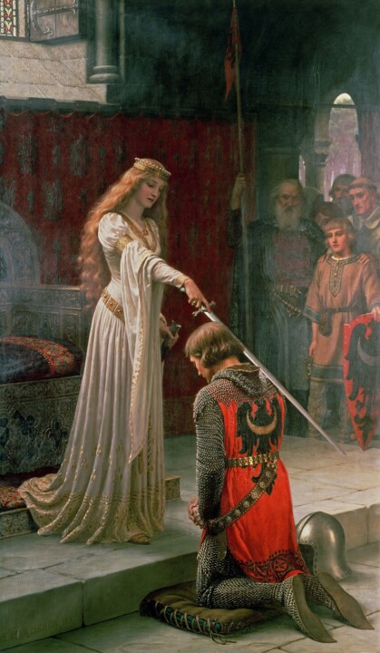 Painting titled "L'Adoubement" by Edmund Leighton, Original Artwork, Oil
