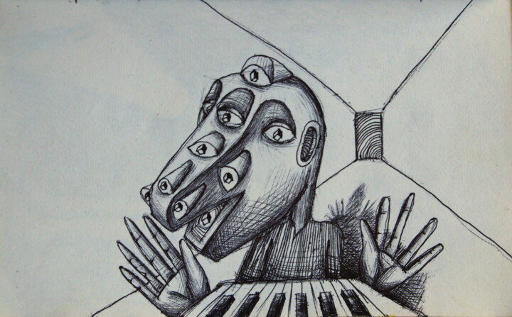 Disegno intitolato "Pianiste" da Edouard Leruste, Opera d'arte originale, Biro