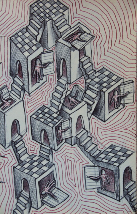 Drawing titled "Verticalités" by Edouard Leruste, Original Artwork, Ballpoint pen