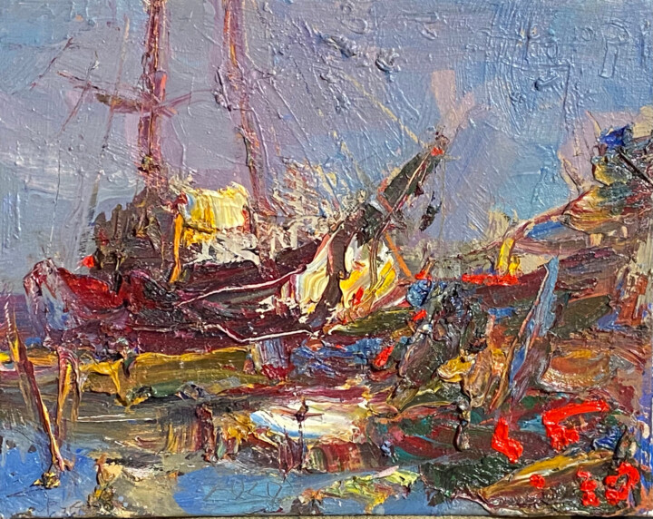 Painting titled "Boats" by Eduard Belsky, Original Artwork, Oil