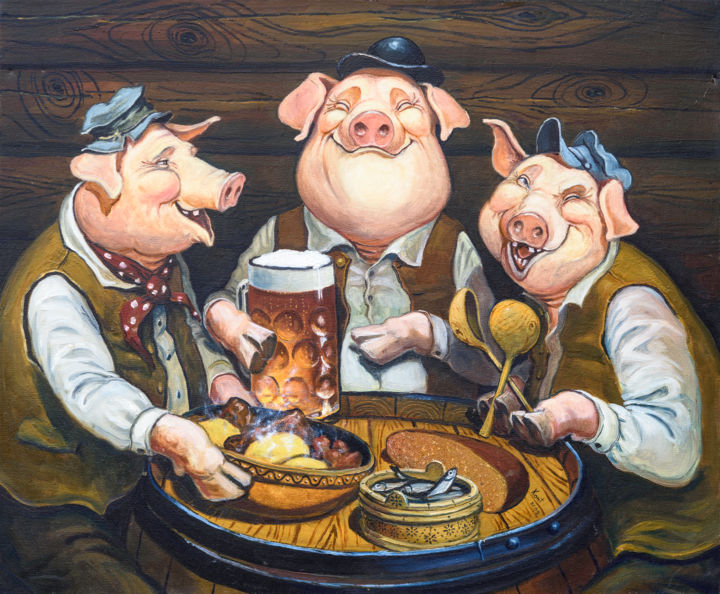 Painting titled "three pigs" by Eduard Kont, Original Artwork, Oil