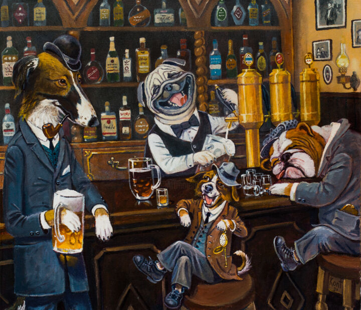 Painting titled "a pub. funny boys" by Eduard Kont, Original Artwork, Oil