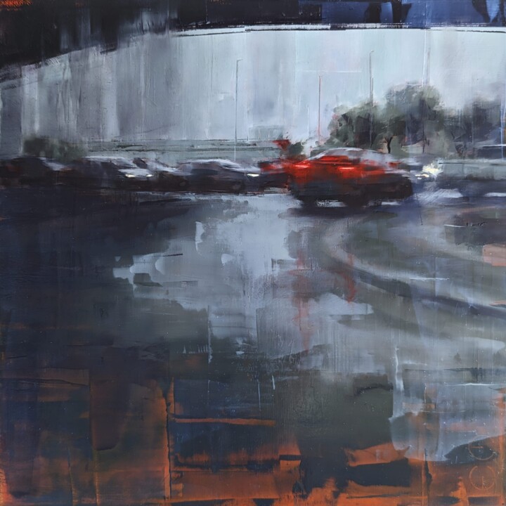 Schilderij getiteld "Rain in KL 02" door Eduard Warkentin, Origineel Kunstwerk, Olie Gemonteerd op Houten paneel