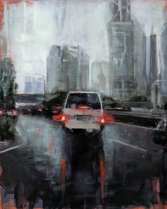 Painting titled "Rain in KL 01" by Eduard Warkentin, Original Artwork, Oil Mounted on Wood Stretcher frame