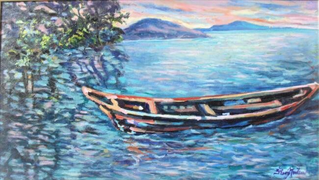 Pintura intitulada "bateau sur la plage…" por Eduardo Antonio Arêas Rêgo Monteiro, Obras de arte originais