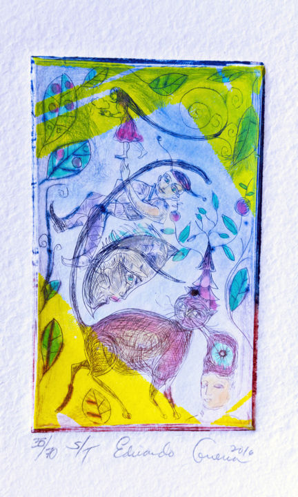 "Femme & Chat" başlıklı Baskıresim Eduardo Guerra tarafından, Orijinal sanat, Kaligrafi Karton üzerine monte edilmiş